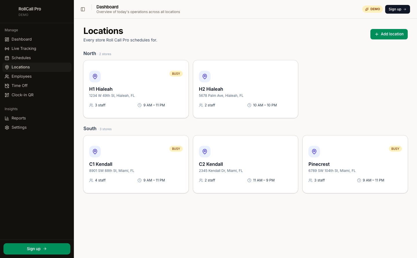 Locations page with five stores grouped by region