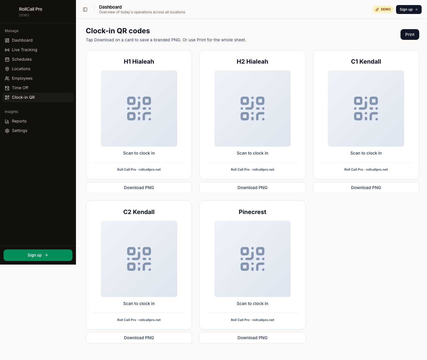 Clock-in QR cards with download buttons