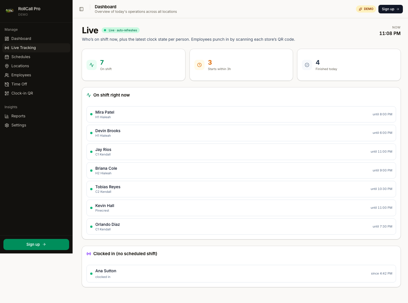 Live tracking with on-shift, off-schedule, and starting-soon panels