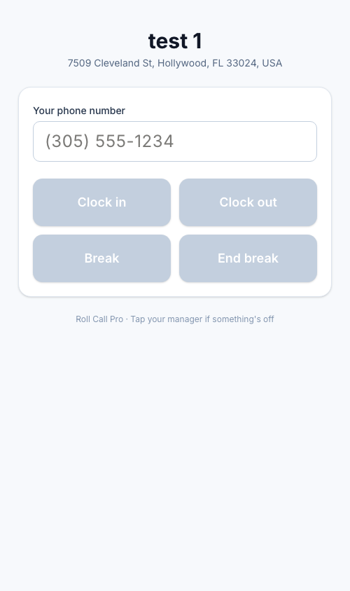QR clock-in kiosk on mobile