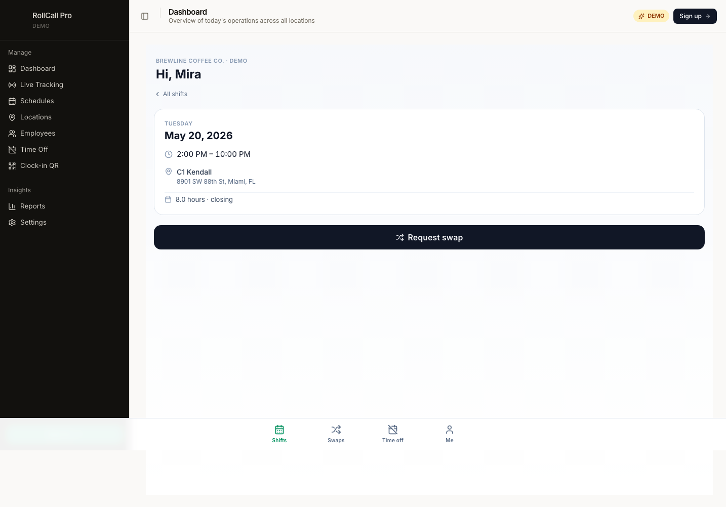 Shift detail page with Request swap button