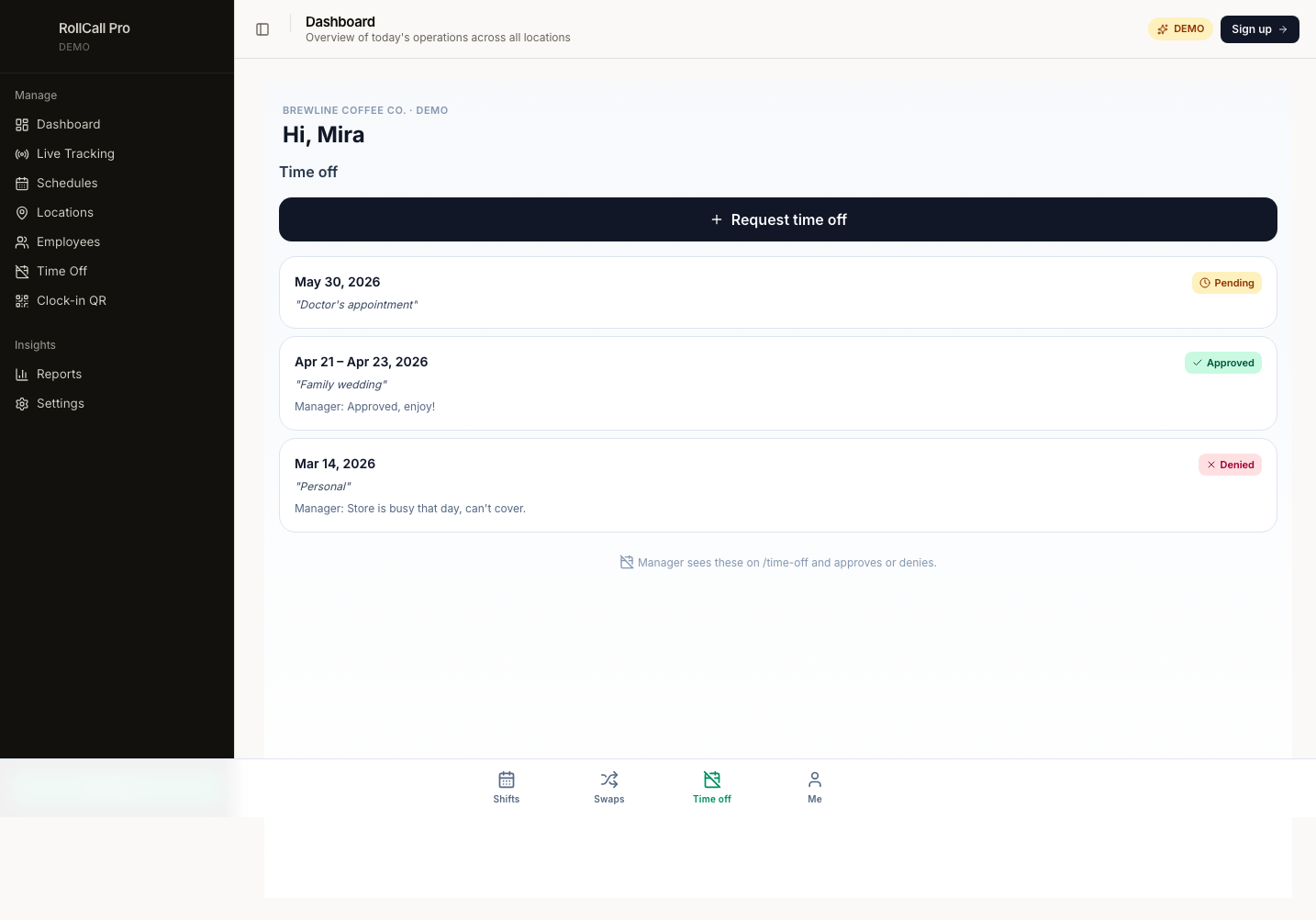Staff time-off page with history + new-request button