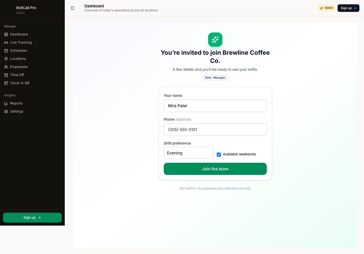 Join page — name + phone + preferences